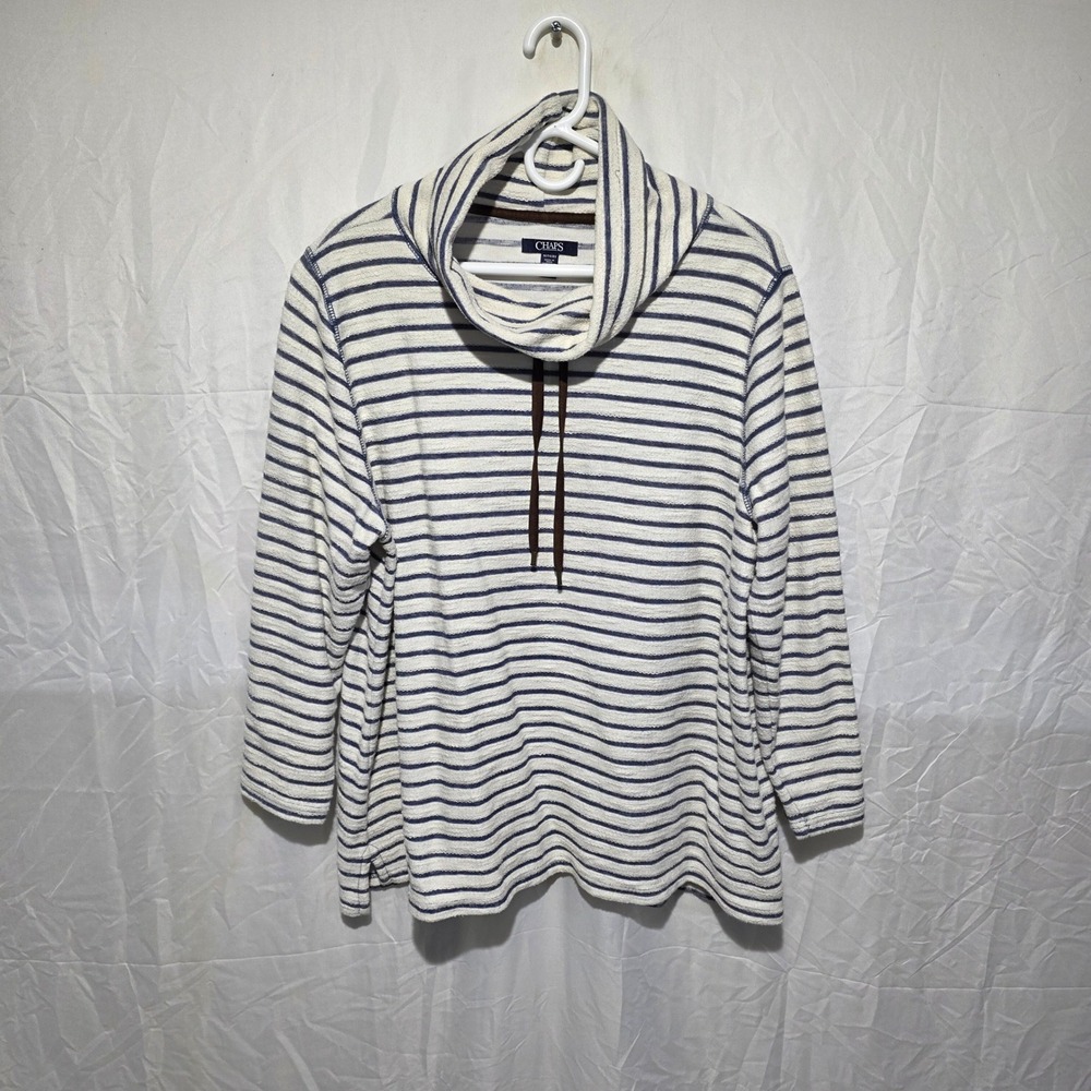 Chaps Womens 1X Cowl Neck Striped Pullover Top Navy Blue White Long Sleeve